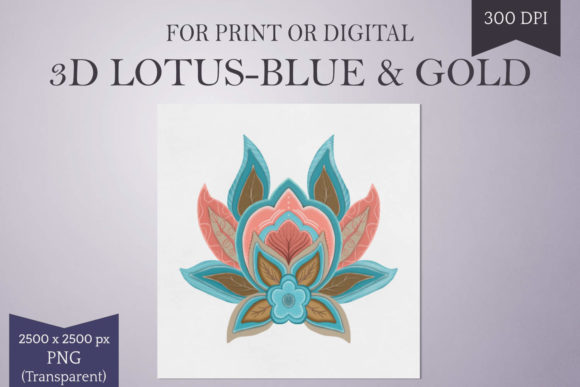 3D Lotus Illustration: Peach, Blue & Gold